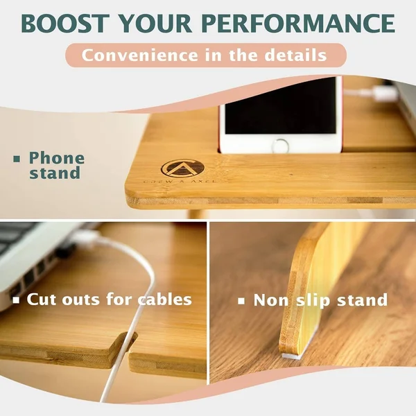 Crew & Axel Standing Desk Converter 100% Natural Bamboo Adjustable Sit Stand Riser Workstation for Desktop or Laptop - Dual M