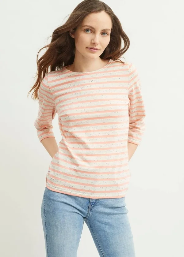 Women's Breton Striped Shirt - Round Neck, 3/4 Sleeve, Galathee II, Saint James, TEXTURED-BEIGE/PEACH, 4