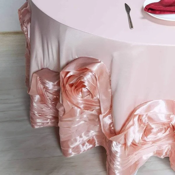 120x22 Blush Round Large Raised Roses Lamour Satin Tablecloth