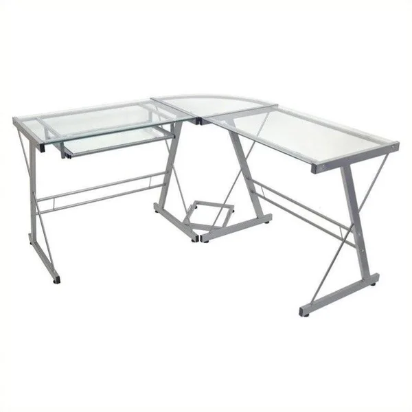 Pemberly Row L Shaped Glass Top Computer Desk in Silver