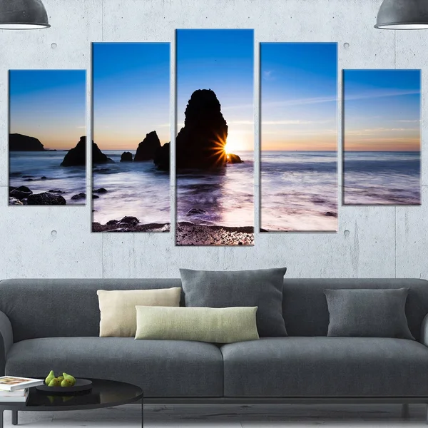 Design Art 'Sunset at Rodeo Beach Panorama' Photographic Print on Wrapped Canvas, Size: 28 inch x 60 inch, Blue