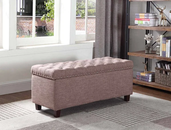 Button Tufted Storage Ottoman with Nailhead - Brown Color