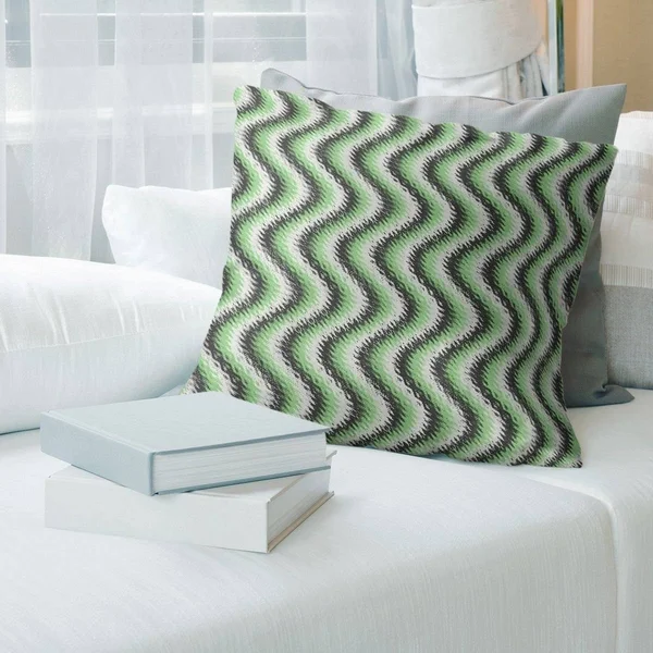Black Wavy Stripes Throw Pillow - 20 x 20 - Black & Green - Linen