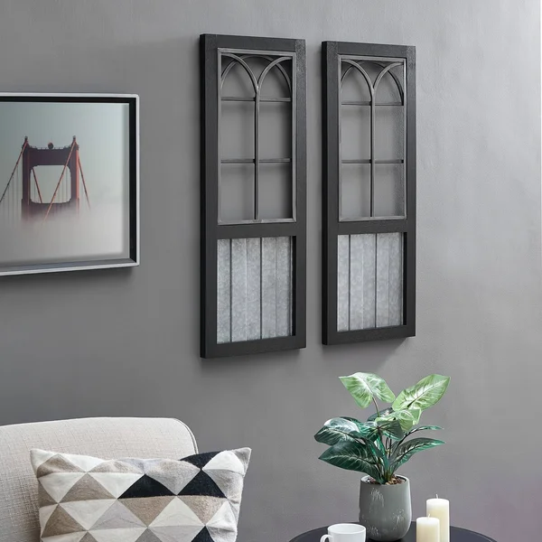 FirsTime & Co. 12 in. x 1 in. x 31.5 in. Metal Black Willow Farmhouse Window Wall Plaque 2-Piece Set
