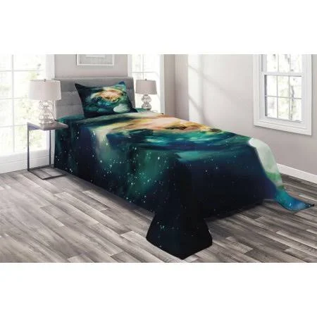 Space Coverlet Set, Spiral Anromeda Galaxy with Planets Mystical Cosmos Fantasy Background Image, Decorative Quilted Bedspread S