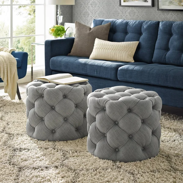 Inspired Home Ottoman Velvet or Linen Tufted Light Grey - Linen