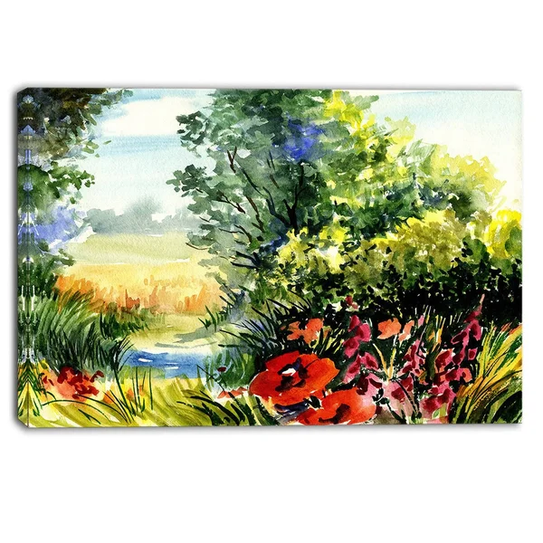 Designart - Watercolor Landscape with Flowers - Landscape Canvas Print - Green - 40 in. Wide x 20 in. High - 1 Panel