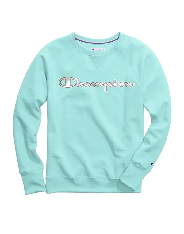 Champion Women's Powerblend Fleece Crew - Chainstitch Logo Amazing Aqua, M