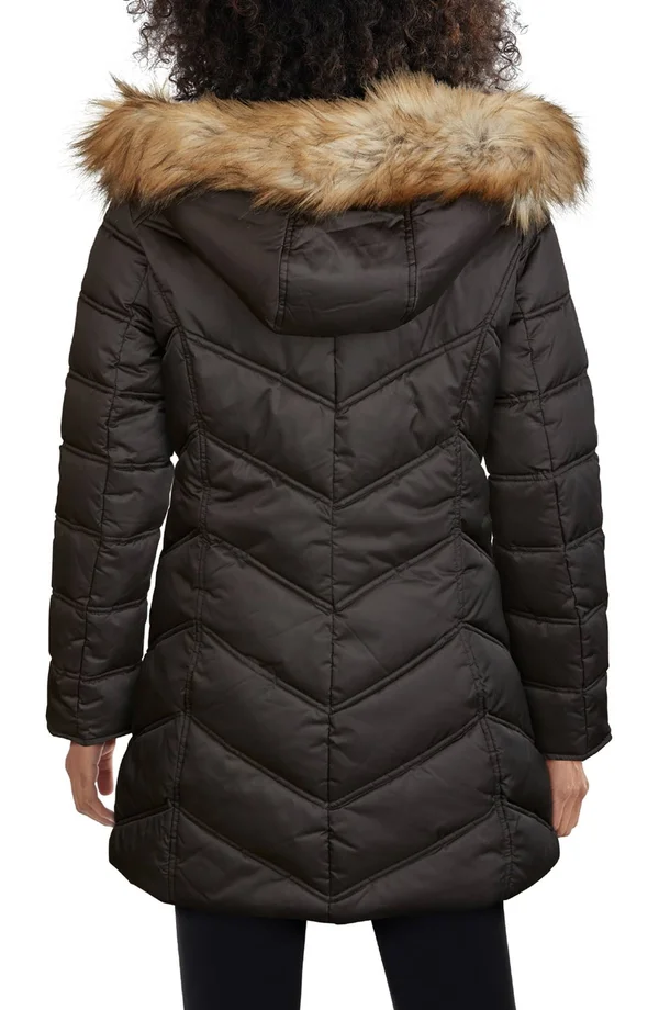 Kenneth Cole Chevron Quilted Coat with Faux Fur Hood Black