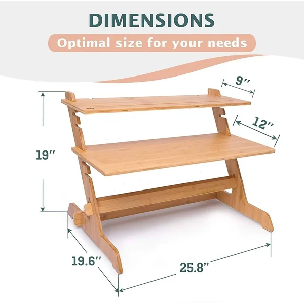 Crew & Axel Standing Desk Converter 100% Natural Bamboo Adjustable Sit Stand Riser Workstation for Desktop or Laptop - Dual M
