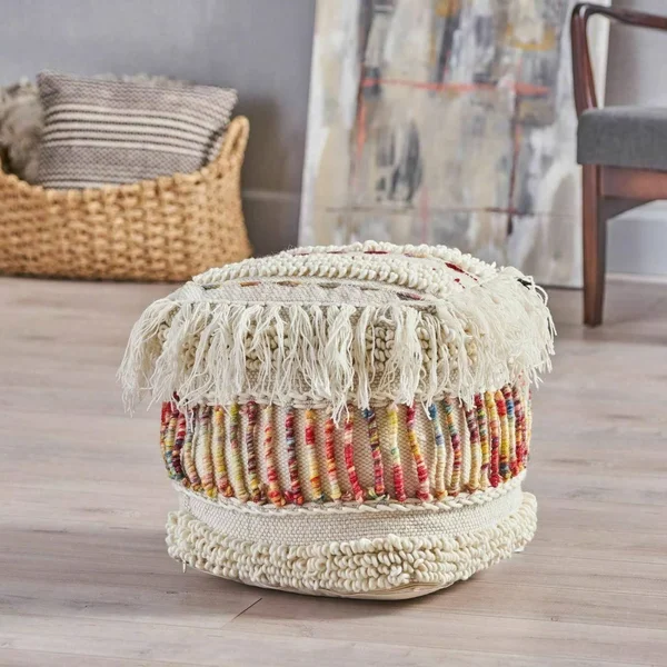 Christopher Knight Home Roth Boho Wool Pouf, Ivory and Multi-Colored