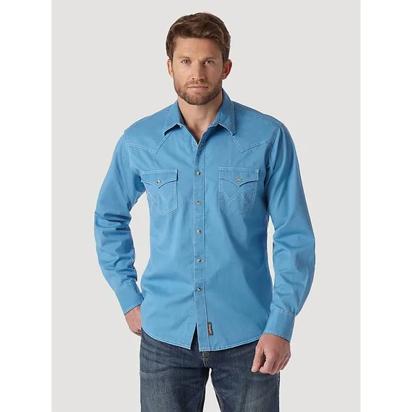 Wrangler Retro Men's Blue Solid Long Sleeve Western Shirt