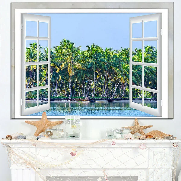 Design Art Open Window to Seashore Palms Graphic Art on Wrapped Canvas - Blue
