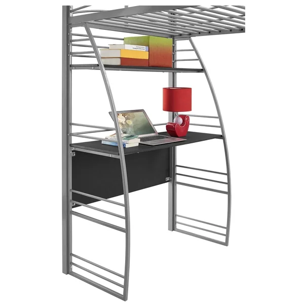 DHP Studio Metal Loft Bed with Desk and Shelves, Silver/Gray, Twin