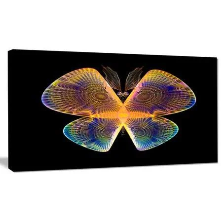 Design Art 'Blue Yellow Fractal Butterfly in Dark' Graphic Art on Wrapped Canvas, Size: 28 inch H x 60 inch W x 1.5 inch D