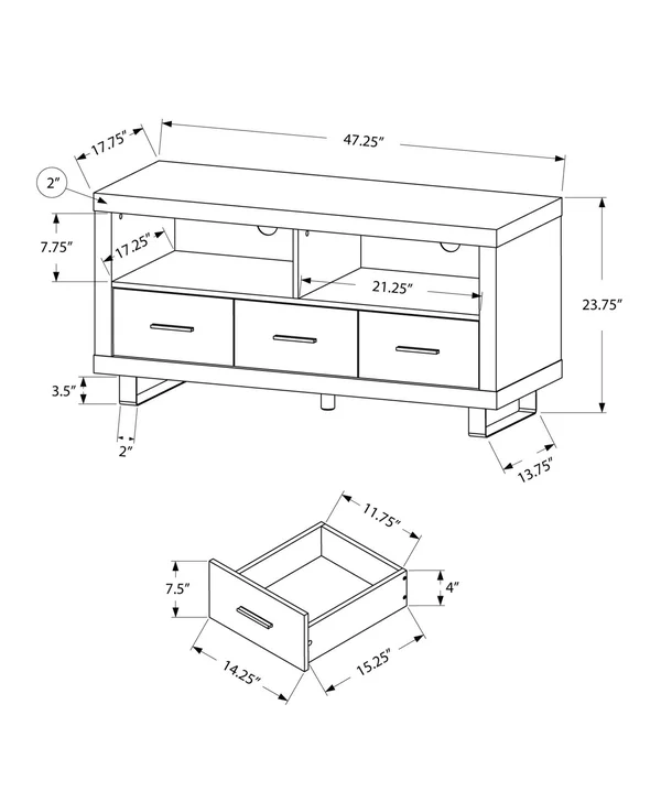 Monarch Specialties 48x22 TV Stand - Dark Taupe with 3 Drawers