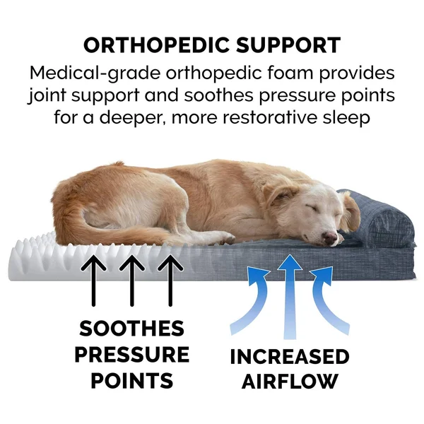 FurHaven Pet Quilted Fleece & Print Suede Chaise Lounge Orthopedic Sofa Dog Bed Titanium Jumbo