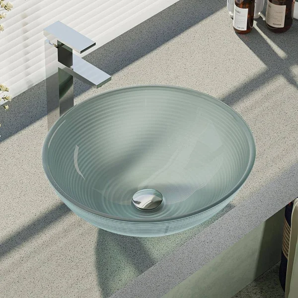 Rene R5-5034-R9-7003-C Foil Undertone Glass Vessel Sink with Chrome Vessel Faucet - Sink Ring, and Vessel Pop-Up Drain