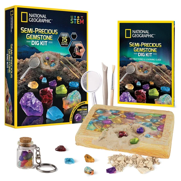 National Geographic Semi-Precious Gemstone Dig Kit - Stem Digging Kit with 15 Semi-Precious Gemstones, Including Amethyst, Garne