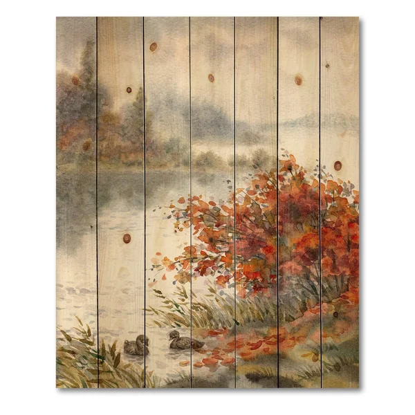 Designart 'View of The Lake in Autumn' Traditional Print on Natural Pine Wood - 25 in. Wide x 35 in. High