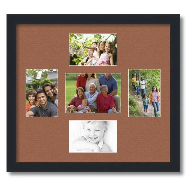 Collage Picture Frame, Satin Black Frame with 5 openings for 5x7 Photos with Brown Paloma Mat. D3926EA542, ArtToFrames