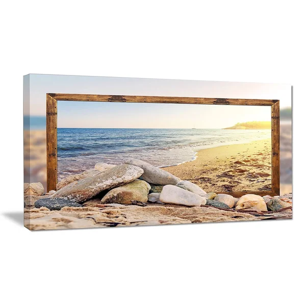 Design Art 'Framed Beach Rocks' Photographic Print on Wrapped Canvas, Size: 20 inch H x 40 inch W x 1 inch D, Blue