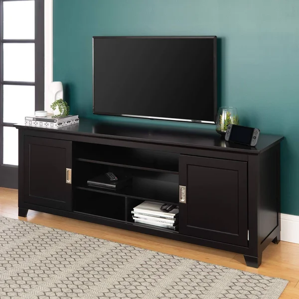 Walker Edison 70x22 Black Wood TV Stand with Sliding Doors