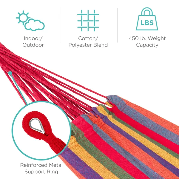 Best Choice Products 2-Person Brazilian-Style Cotton Double Hammock Bed w/ Carrying Bag - Steel Stand, Rainbow