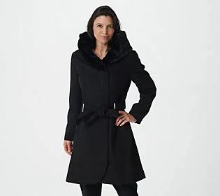Belle by Kim Gravel Faux Fur Trim Belted Coat - Size 1X, Black