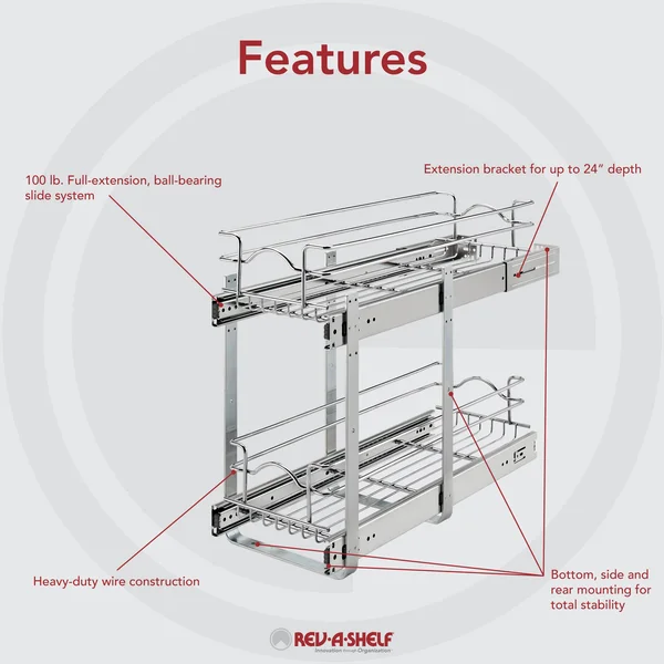 Rev-A-Shelf 5WB2-0922CR-1 9 x 22 in Two-Tier Kitchen Storage Wire Basket, Chrome