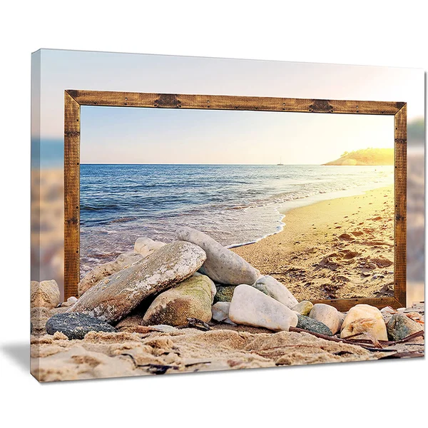 Design Art 'Framed Beach Rocks' Photographic Print on Wrapped Canvas, Size: 20 inch H x 40 inch W x 1 inch D, Blue