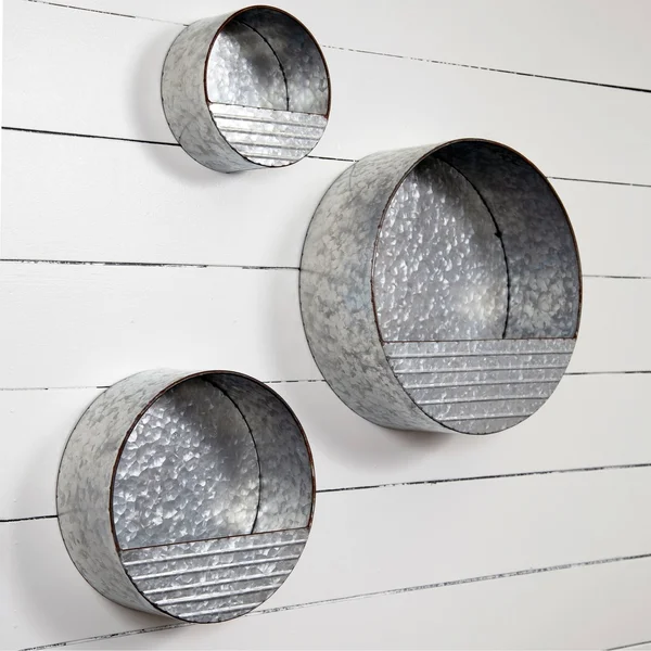 Galvanized Metal Round Hanging Wall Pocket Bins - Set of 3, 16 x 16 x 5