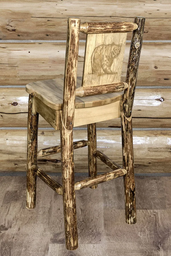 Montana Woodworks MWGCBSWNRLZBEAR Glacier Country Back Barstool with Laser Engraved Bear Design