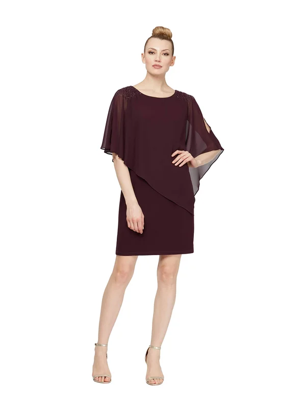 Slny Aubergine Women's Asymmetrical Cape with Beaded Shoulder Dress