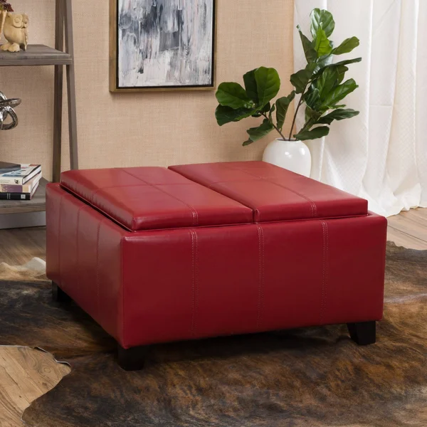 Justin Red Leather Tray Top Storage Ottoman