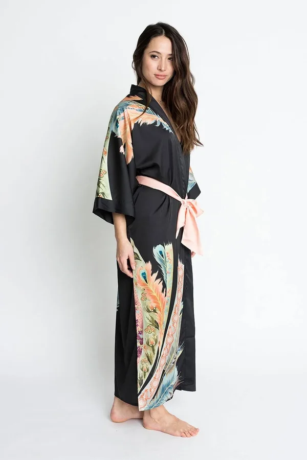 Peacock Feather Kimono Robe - Long - KIM + ONO white, one size