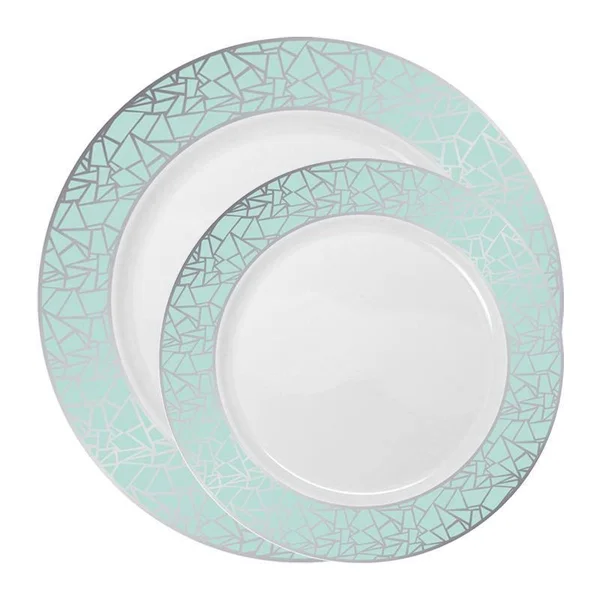120 Dinner Plates + 120 Salad Plates - Turquoise with Silver Mosaic Rim Combo Plastic Dinnerware Value Set