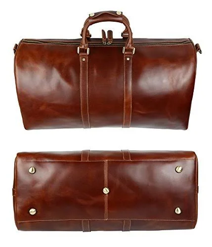 BAIGIO Men's Genuine Leather Weekend Overnight Travel Luggage Duffel Bag Boarding Bag (Brown)