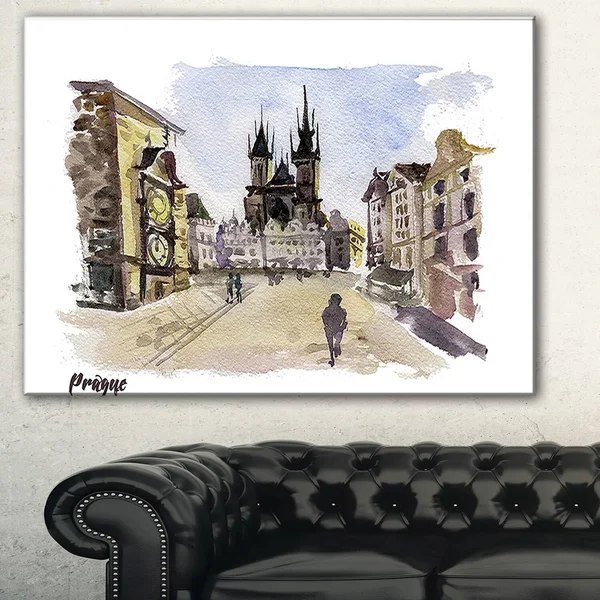 Design Art Prague Hand'drawn Illustration' Cityscape Painting Canvas Print - Green - 40 in. Wide x 20 in. High