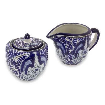 Artisan Crafted Talavera Ceramic Blue Sugar and Creamer