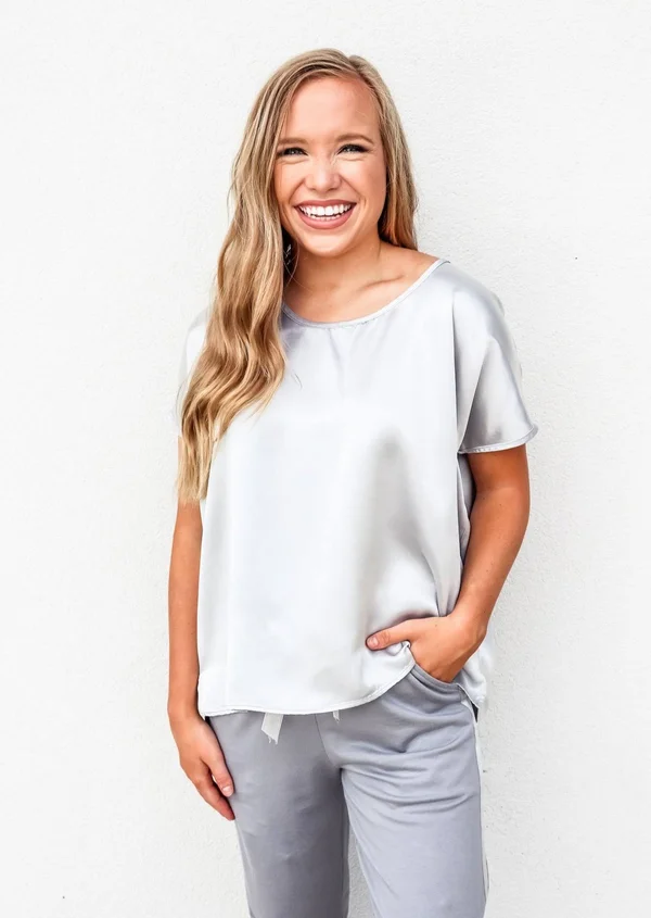PJ Harlow Roxxy Satin Lounge Top, M, Dark Silver