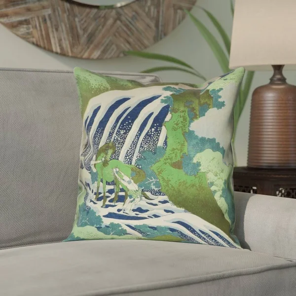 Bloomsbury Market Yasmina Eclectic Square Horse and Waterfall Pillow COVER - Green