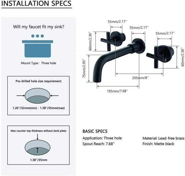 WELLFOR Wall Mount Bathroom Faucet Matte Black 2-Handle Wall-Mount Bathroom Sink Faucet - WB-FA049MB3