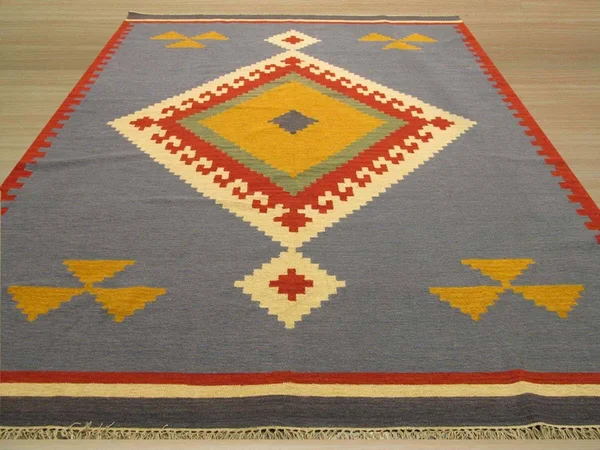 EORC Dn6mu 5 x 8 ft Blue Handmade Wool Keysari Kilim Rug