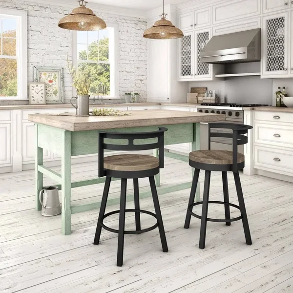 Amisco Vector Swivel Counter Stool with Distressed Wood Seat (Beige Wood - Dark Brown Metal)