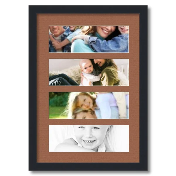 Collage Picture Frame - Satin Black Frame with 4 openings for 4x12 Photos with Brown Paloma Mat. D3926EA268, ArtToFrames