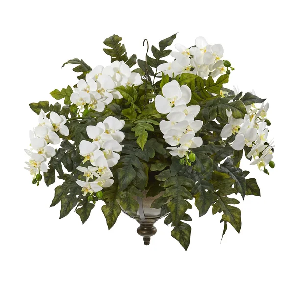 Nearly Natural 25x22 Phalaenopsis Orchid and Holly Fern Artificial Plant in Metal Hanging Bowl - Cream