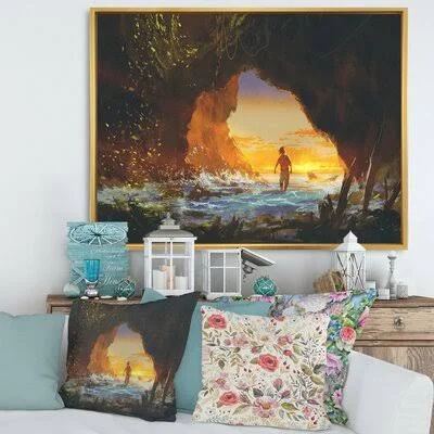 The Man Walking in The Sea Cave at Sunset - Painting on Canvas East Urban Home Format: Gold Floater Frame, Size: 16x22 H x 32x22
