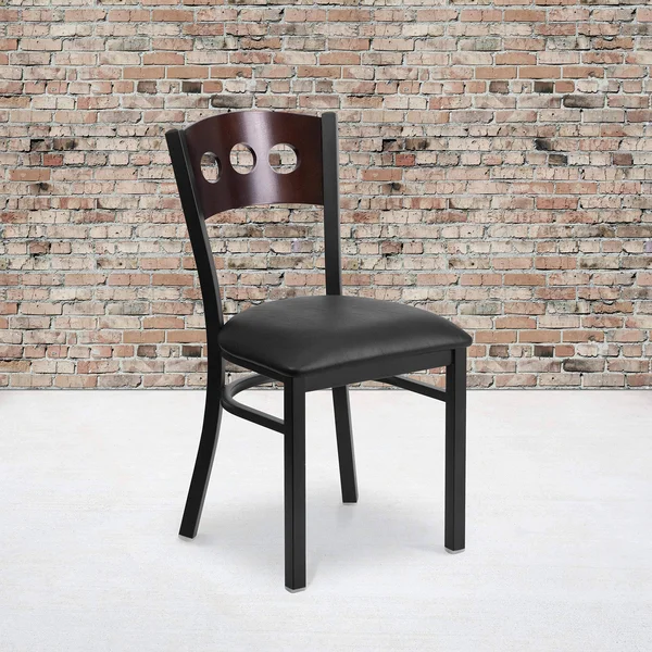 Flash Furniture 2 Pk. Hercules Series Black Decorative 3 Circle Back Metal Restaurant Chair - Walnut Wood BACK - Black Vinyl Seat