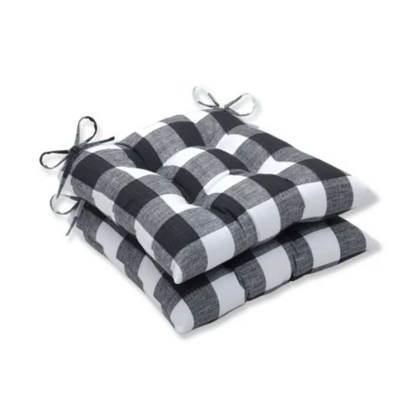 Set of 2 Black and White Plaid Outdoor Patio Wrought Iron Seat Cushions 19x22